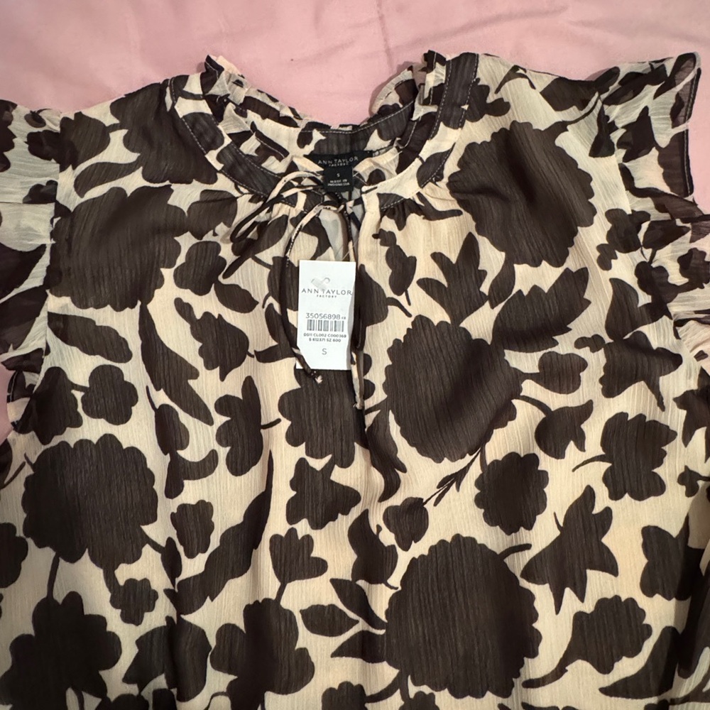 Ann Taylor Cream and Brown Floral Blouse